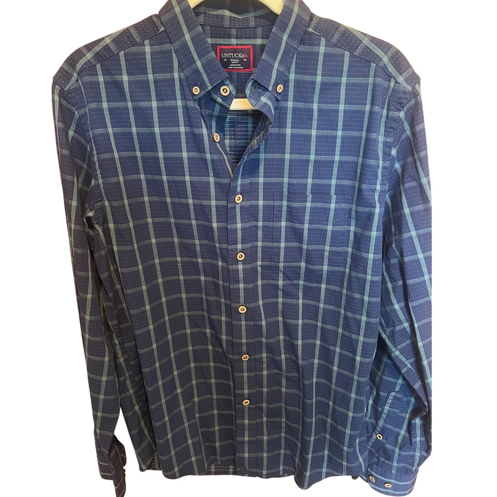 UNTUCKit Men's Shirt Small Slim Fit‎ Nav Blue Green Plaid Check Button Down